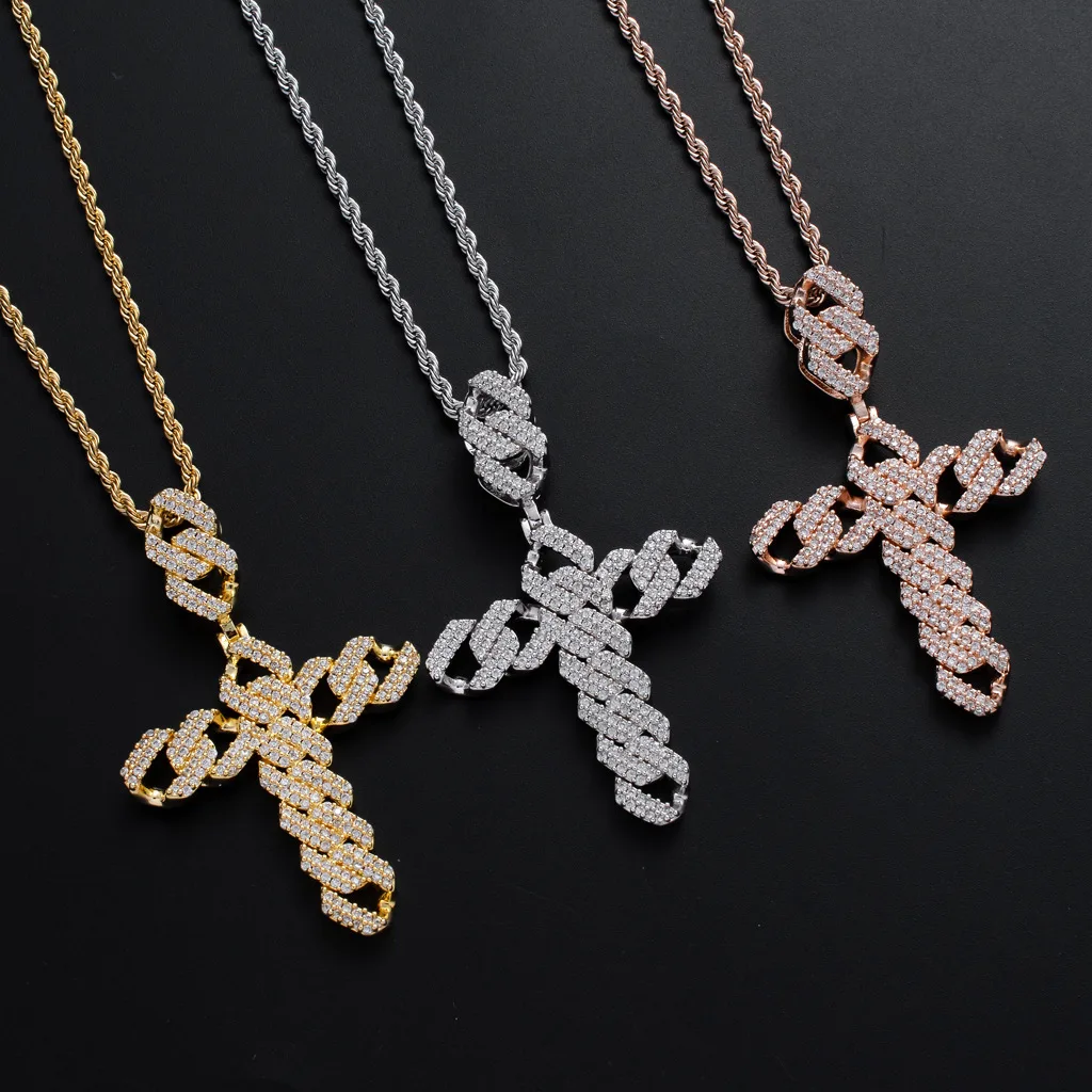 

New Hip Hop Gold Copper Big Hollow Full Zircon Cuban Cross Pendant Necklace Jewelry, As pic