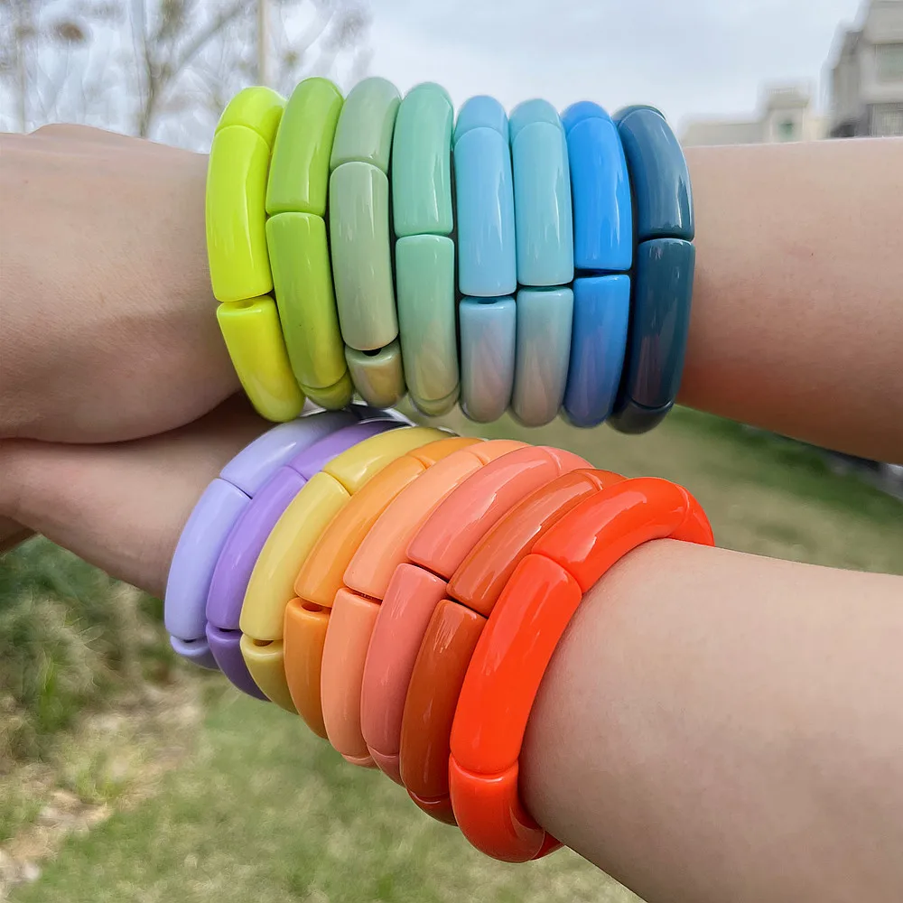 

Fashion Hot Sale Colorful Acrylic Resin 12mm Tube Beaded Bracelets Trendy Stack Elastic Bamboo Bracelets Bangles Women Jewelry