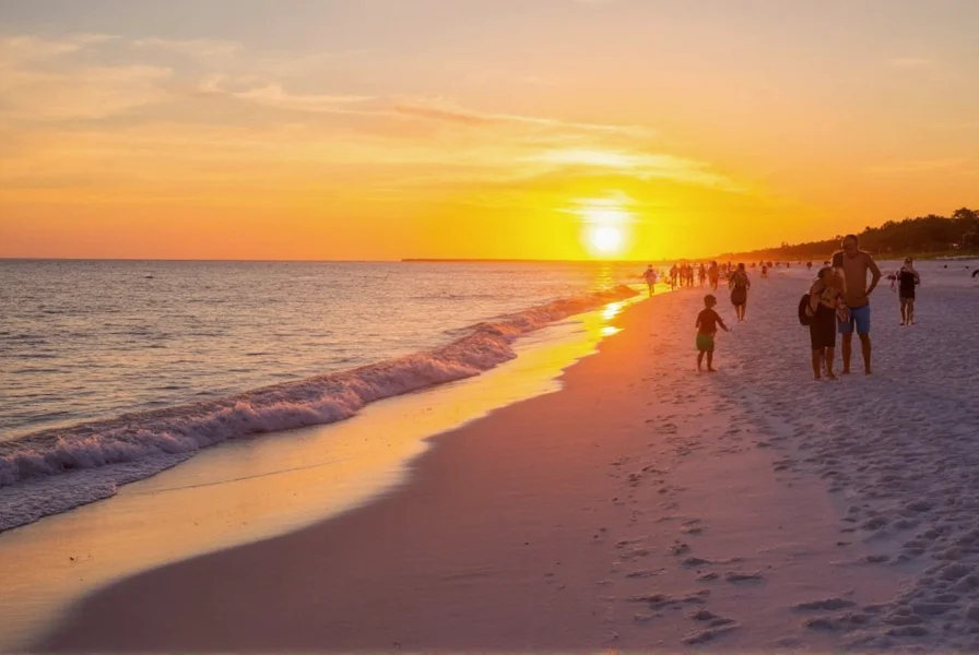 Cinnamon Shore beach during sunset with families enjoying the Gulf of Mexico shoreline