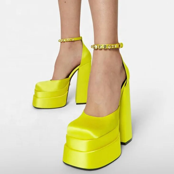 

New Trendy Big Square Toe Sandals Diamonds Ankle Strap Block High Heel Shoes Dress Pumps Wedding Party Big Size 43, Black,yellow purple wine red rosy red
