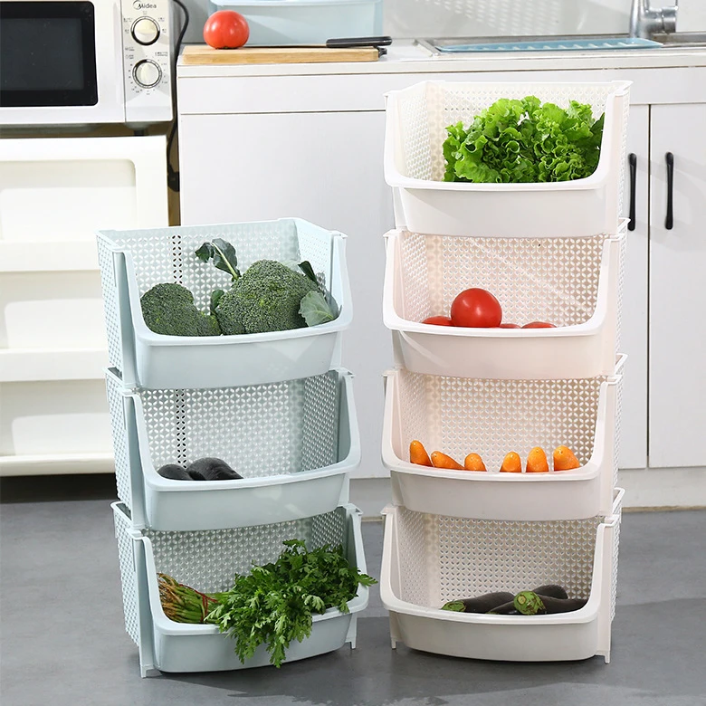 

home living home organization internal kitchen corner storage Plastic vegetable storage basket in kitchen, Light gray/blue