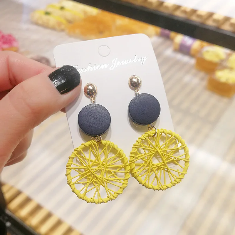 

Yellow Round Dream Catcher Drop Earrings Cute Cartoon Rainbow Rabbit Carrot Geometric Square Pink Crystal Tassel Long Earrings