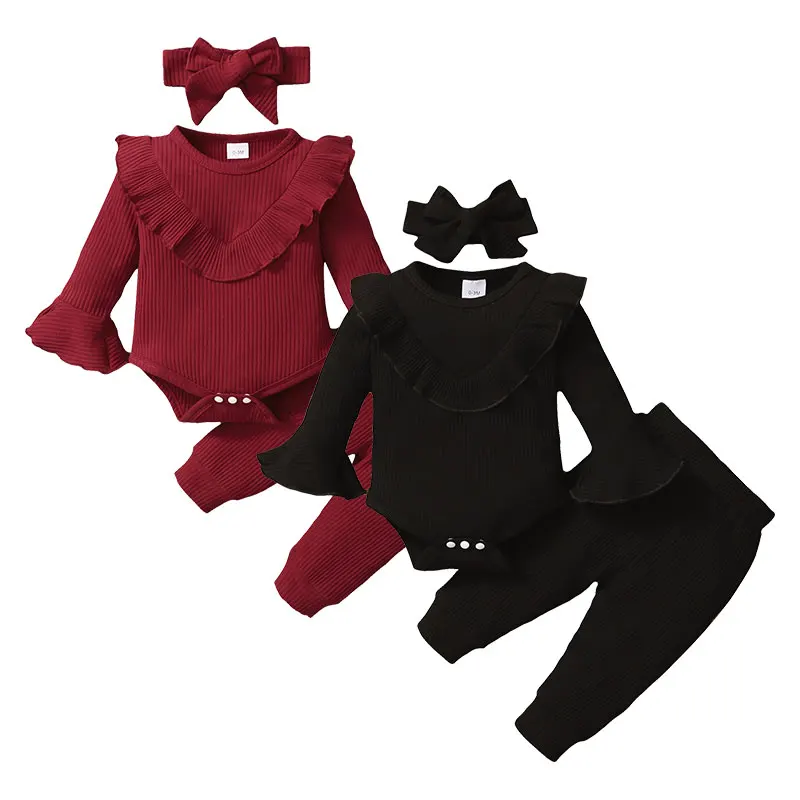 

Amazon Hot Selling Baby Winter Clothes Set 3Pcs Outfit For Baby Girl Solid Color Ribbed Ruffle Baby Girls' Clothing Sets, Mix color