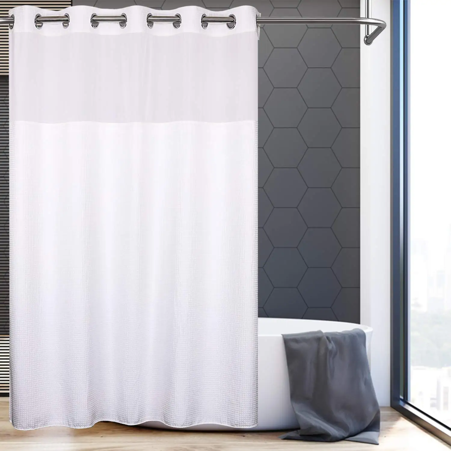 Luxury Hotel Waffle Polyester Fabric Hookless Shower Curtain Waterproof ...