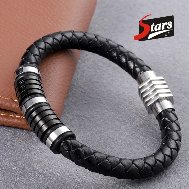 

Stars Forever Popular 306L Stainless Steel Braided Black Cow Leather Pulseras Bracelet