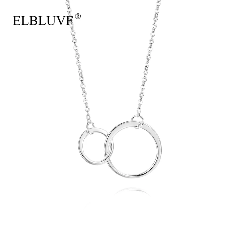 

ELBLUVF Free Shipping Fashion Copper Silver Plated Geometric Two Circle Clasp Pendant Necklace For Women