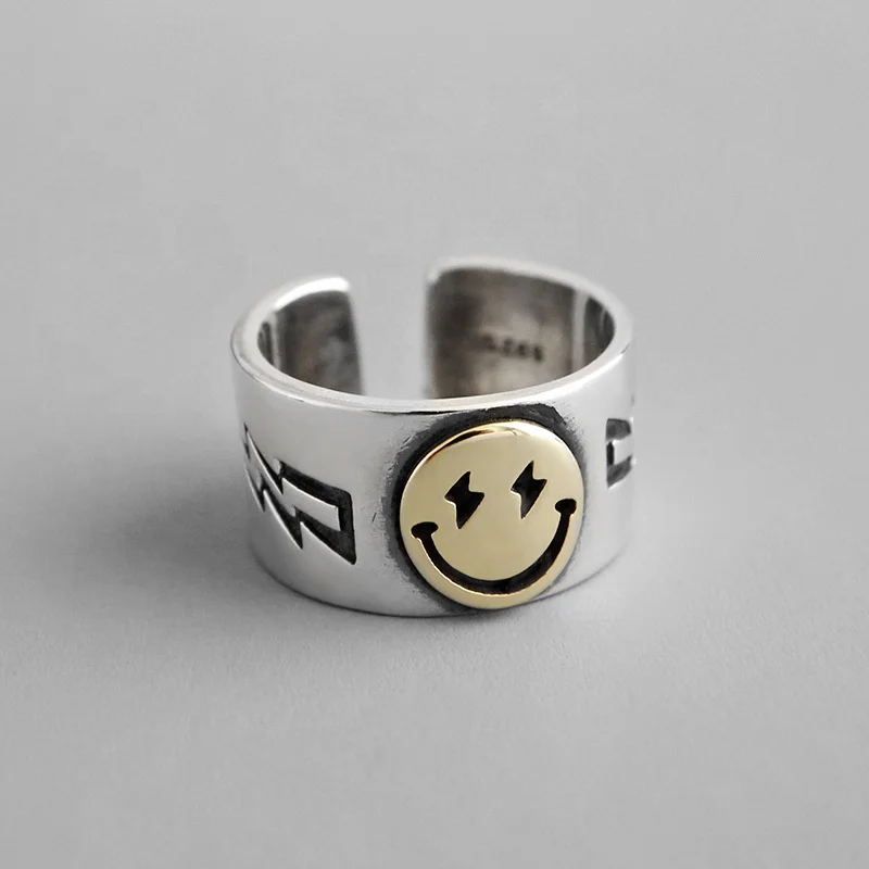 

New Design 925 Sterling Silver Concise Smiley Face Couple Wide Rings Beautiful Adjustable Jewelry Wedding Fashion Supplies