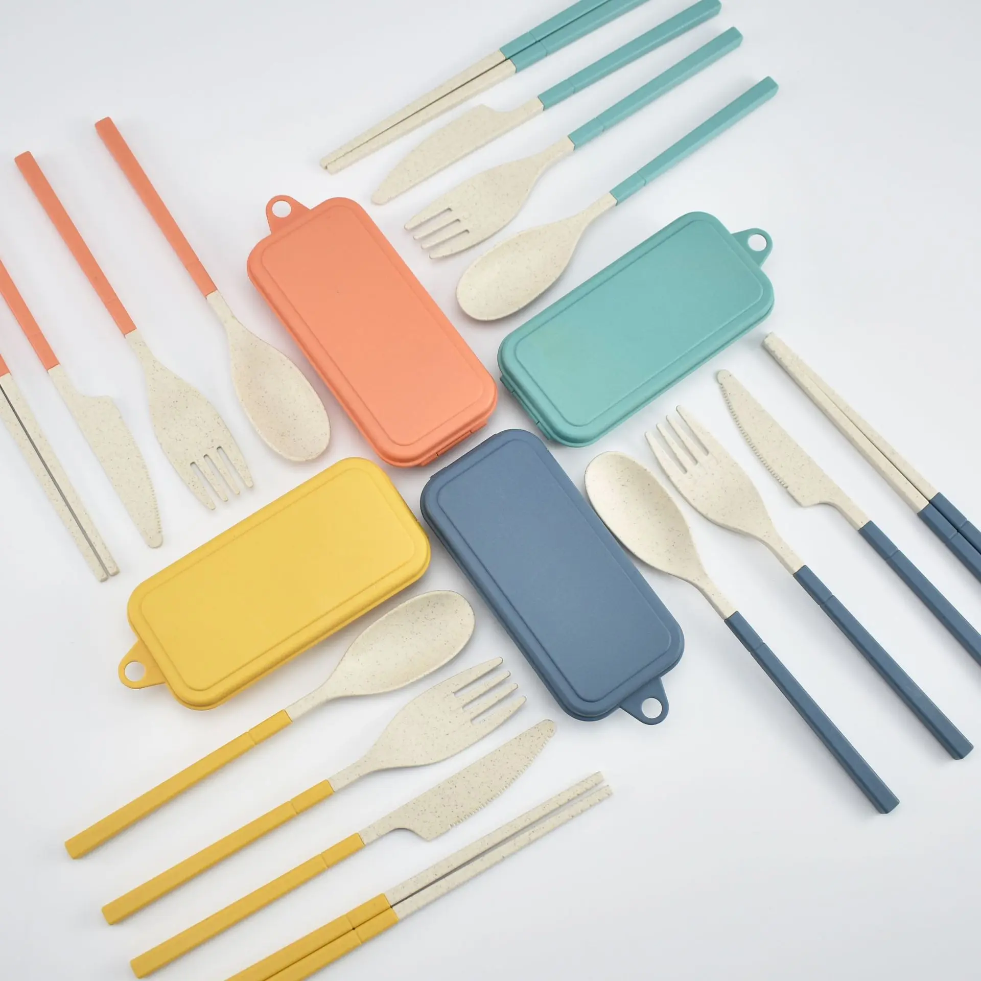 

Portable Detachable 4PCS Spoon Fork Knife Chopsticks Set Reusable Travel Camping Folding Wheat Straw Cutlery with Box, Orange, yellow, green, blue, pink