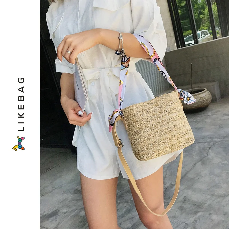 

LIKEBAG new hot sale fashion casual straw crossbody bag with silk scarf decoration