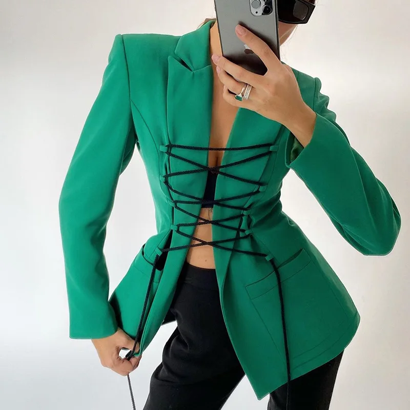 

Fashion Women Suits Office Blazer Jacket Solid Outwear Elegant Ladies Lace Up Suits Blazer Women, As pictures show