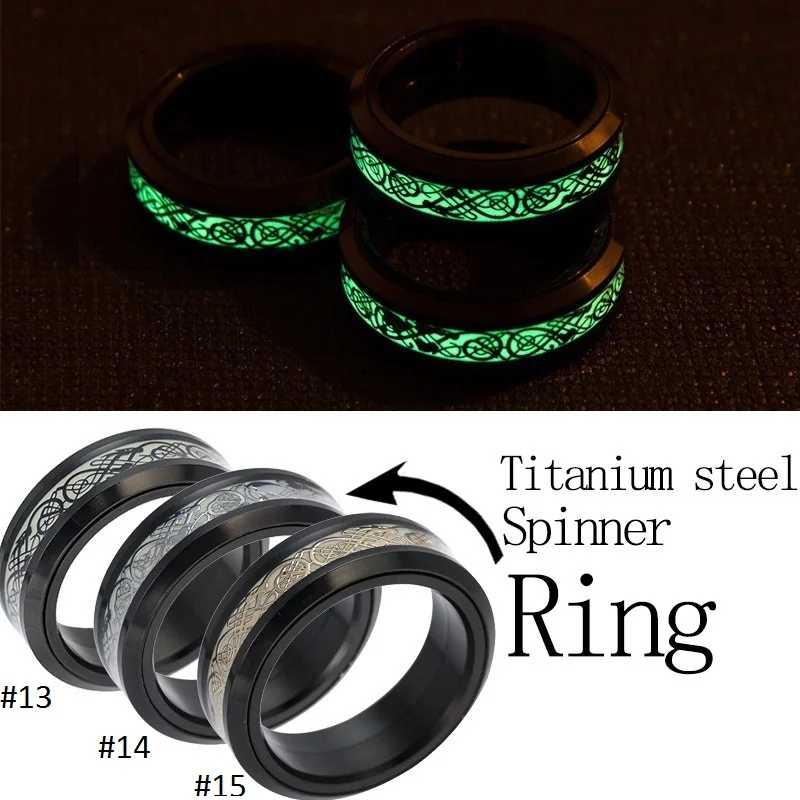 

Q68 Men Wide 8mm Rotating Luminous Effect Stainless Steel Dragon Pattern Ring Glow in the Dark Rings