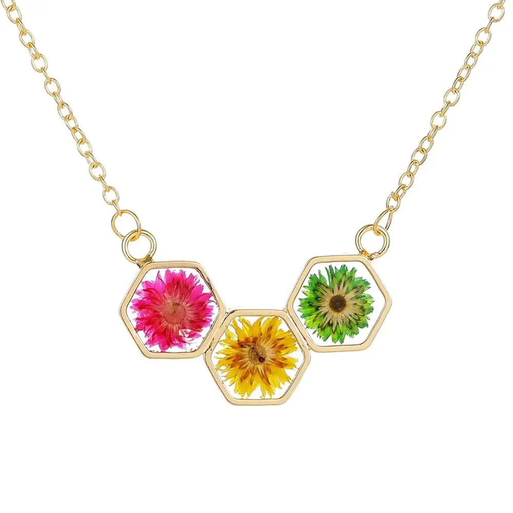 

New creative geometry hexagon dried flower necklace immortal flower resin pendant female temperament clavicle chain, Picture shows