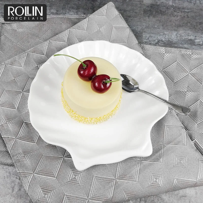 

Wholesale high quality white porcelain ceramic safe seashell shape 8'' snack appetizer dish plate