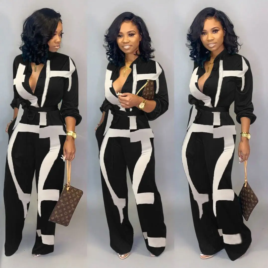 

X01731S Professional temperament long sleeve button jumpsuit woman, Black/white