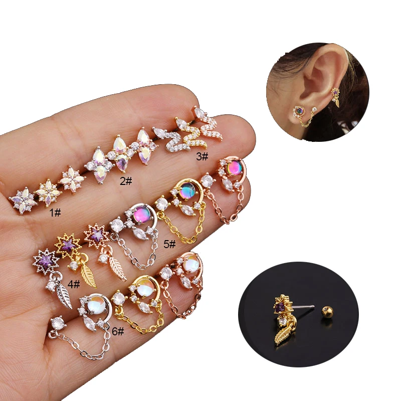 

Stainless Steel Bar Chain Stud Earring Cartilage Huggie Earrings Ear Bone Clip AB Color Cubic Zircon Women Body Piercing Jewelry