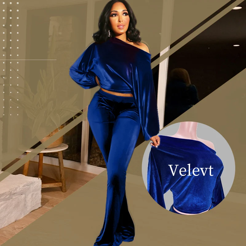 

A491 2021 Autumn New Trendy Lady Velvet Sexy 2 Piece Pants Sets Long Sleeve Loose Women Two Piece Winter Sets