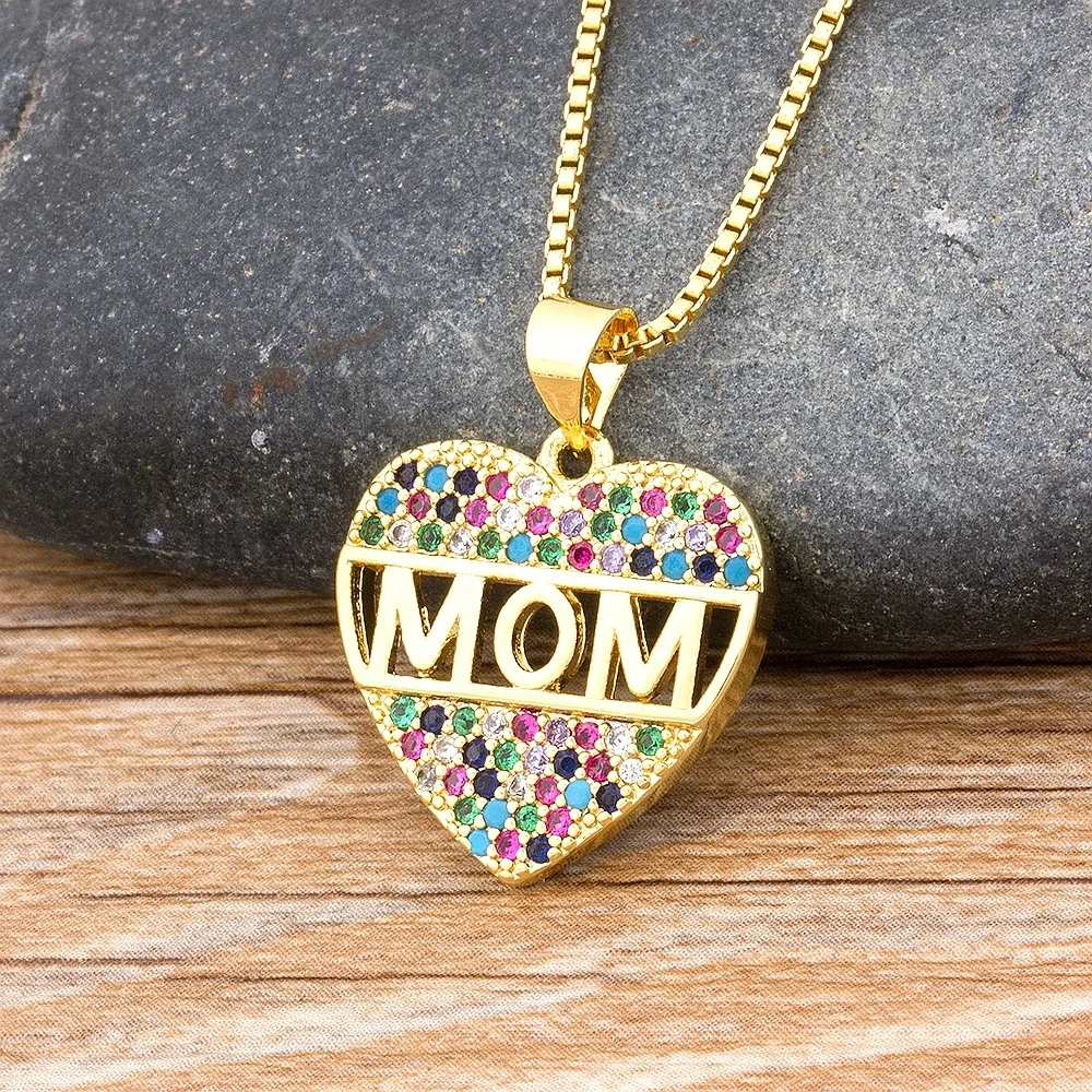 

Fashion Colorful Rhinestone Letter MOM Heart Necklace Pendant Jewelry for Women Cubic Zirconia Neck Chain Gift Customization, Gold