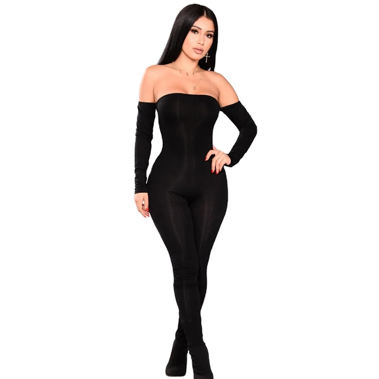 

2021 Off Shoulder Jumpsuit Long Sleeve Sexy Bodycon Party Autumn Winter Rompers Womens Clothing, Black