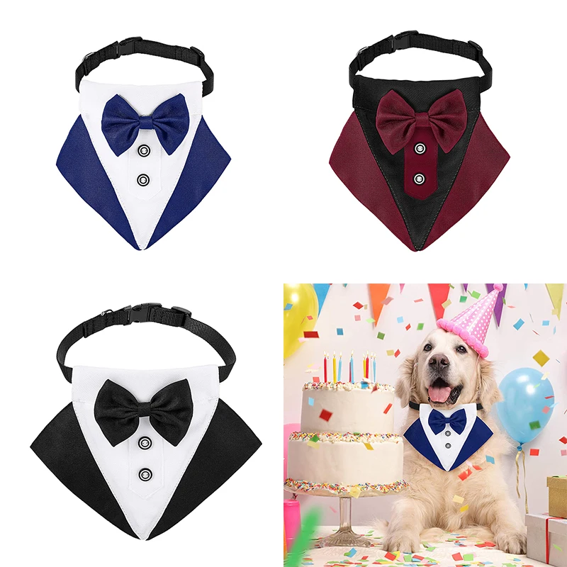 

Formal Dog Tuxedo Bandana with Bowtie and Necktie Adjustable Neckerchief for Pet Wedding and Birthday Party