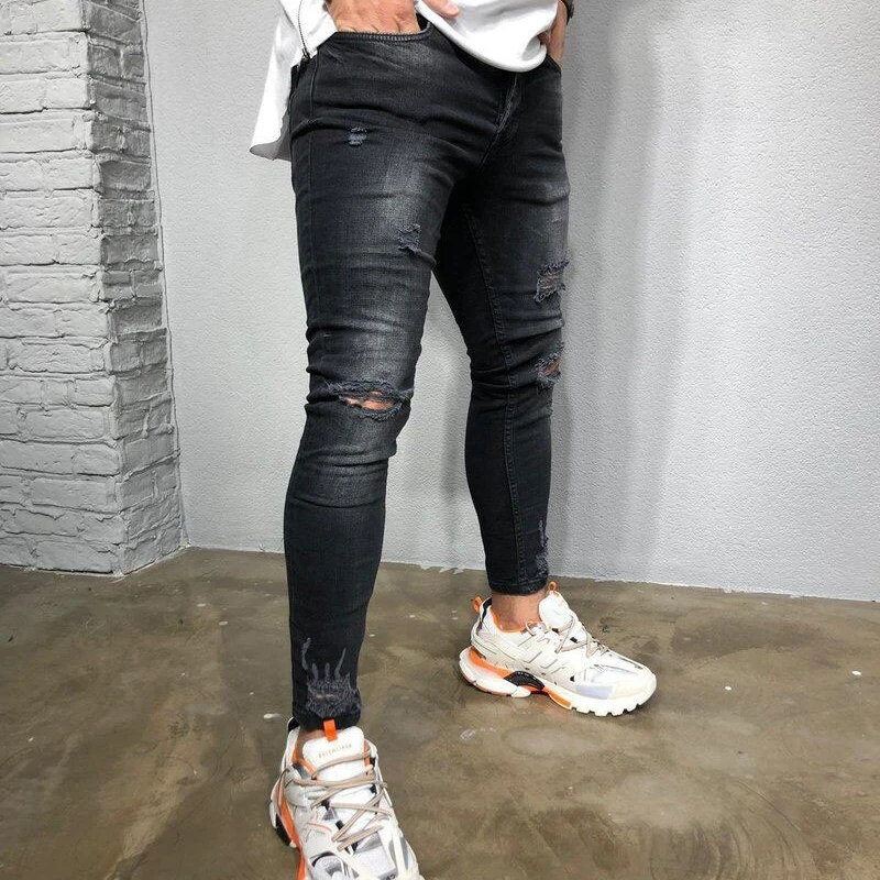 

Factory Direct Sale 2020 Men's Ripped Stretch Small Feet Jeans Ripped Jeans Men Mens Black Distressed Jeans