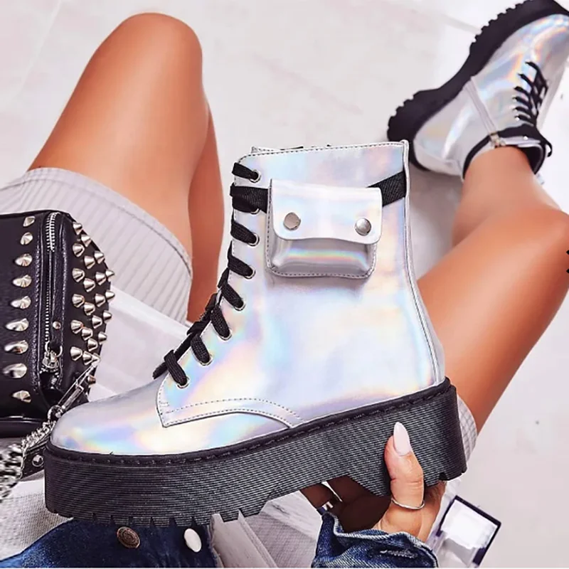 

Western Style Silver Mirror Upper Front Lace Up Round Toe Ankle Boots For Ladies Solid Side Zip Pocket With Women Short Booties