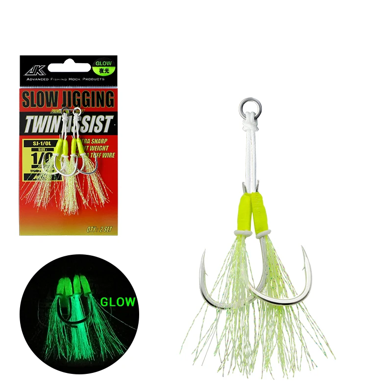 

JK SJ-L Premium Quality Slow Pitch Jigging Hook Double Assist Fishing Hooks With Luminous Tinsel, Silver