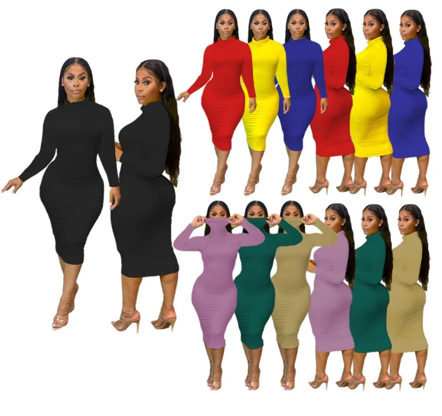 

Winter hot sale casual dresses turtleneck long sleeve bodycon dresses women plus size girl's dress, Picture color