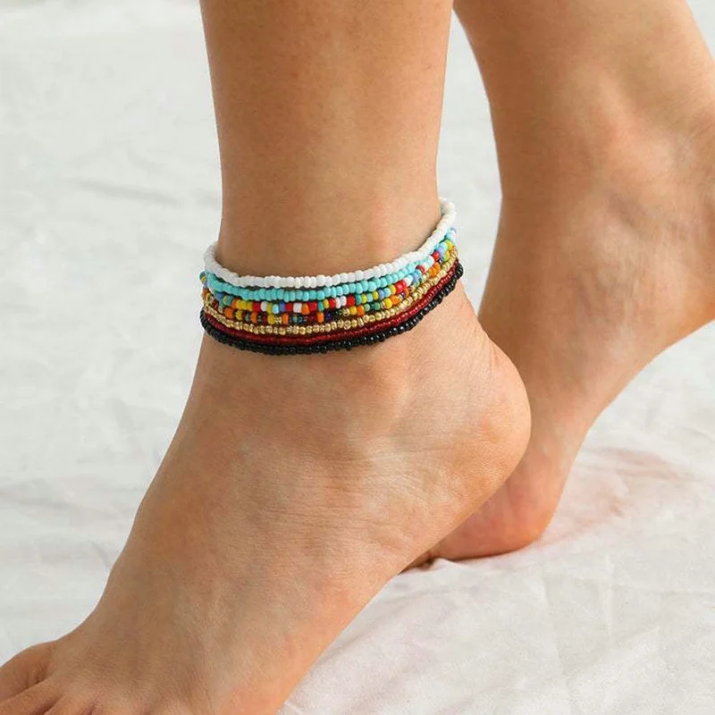 

wholesale colorful seed beads beaded tarnish free foot jewelry sexy beach anklet set for women