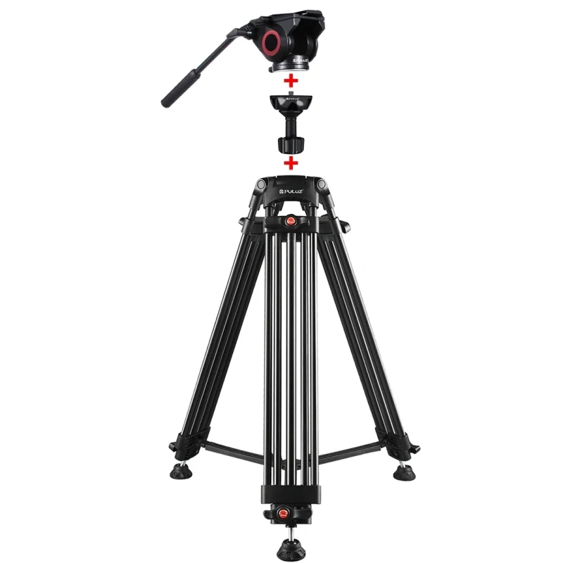 

PULUZ Tripod + Bowl Adapter + Black Fluid Drag Head Professional Heavy Duty Video Camcorder Aluminum Alloy Tripod Mount