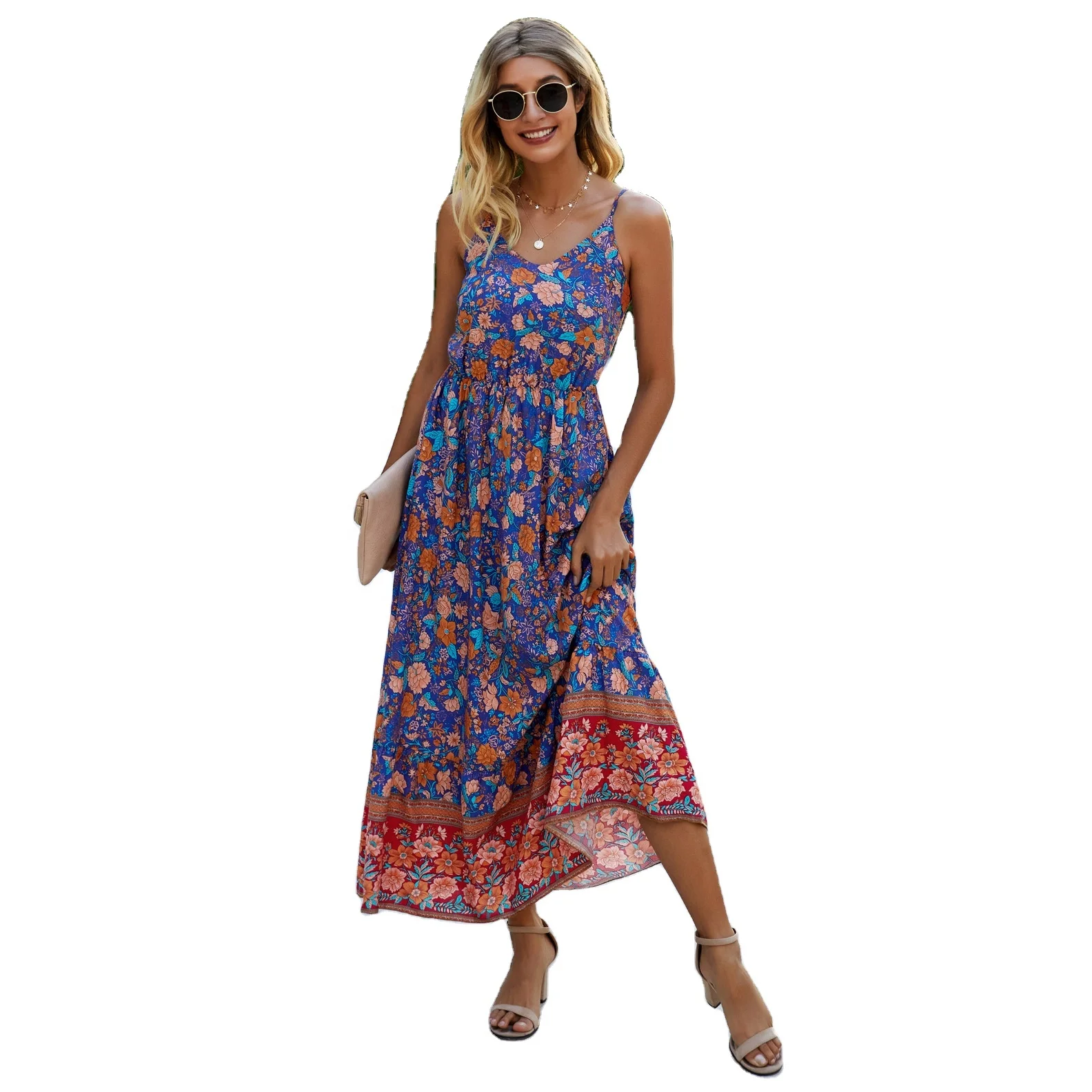 

Women's Dresses Floral Adjustable Spaghetti Strap V Neck Boho Long Maxi Dress Summer Beach Flowy Ethnic Sundress, Green,navy,wine red,black,red