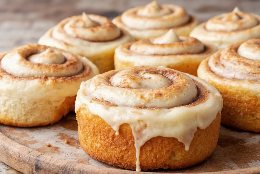 Finished bread machine cinnamon buns with perfect swirls and cream cheese frosting on a rustic wooden plate