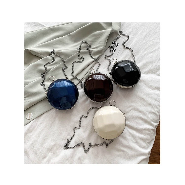 

Chic Small Round Handbag Lady Chain Shoulder Crossbody Bag Fashion Glossy Spherical Clip Clutch Mini Coins Key Purses Tiny Bolsa