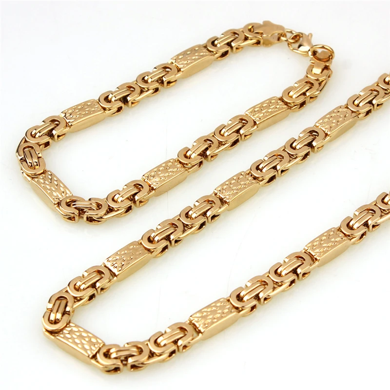 MJ Spot Goods PVD Gold Stainless Steel Necklace and Bracelet Tarnish Free Waterproof 18K Gold Plated Byzantine Chain Set for Men