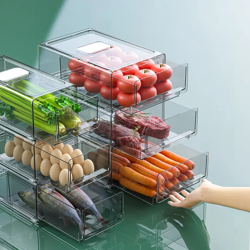 

Transparent Plastic Fridge Organizer for Kitchen Vegetable Food Drawer Stackable Refrigerator Storage Box Freezer Bin, Transparent white