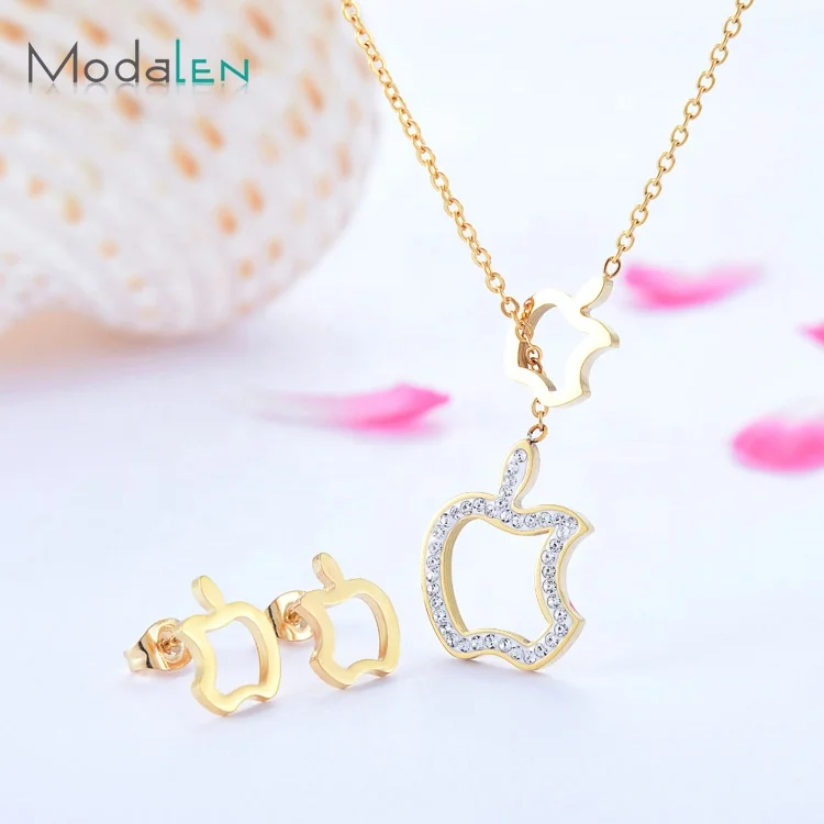 

Modalen Hollow Crystal Steel Necklace And Earring Fashion Gold Woman Jewelry Set, Gold/sliver