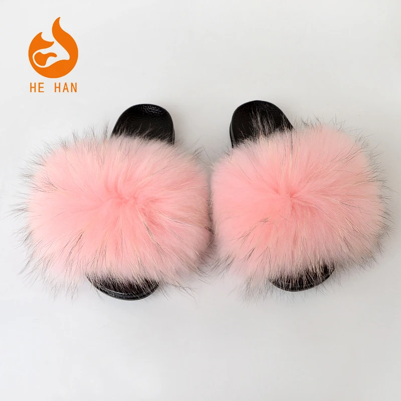 

luxury rainbow big size fuzzy real fox raccoon fur slides fur slippers for women