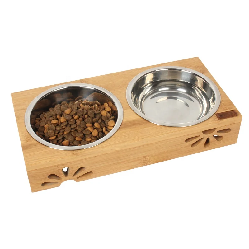 

Factory Wholesale Double Stainless Steel Cat Dog Pet Bowls & Feeders Luxury Pet Bowls With Elevated Bamboo Stand, Silver