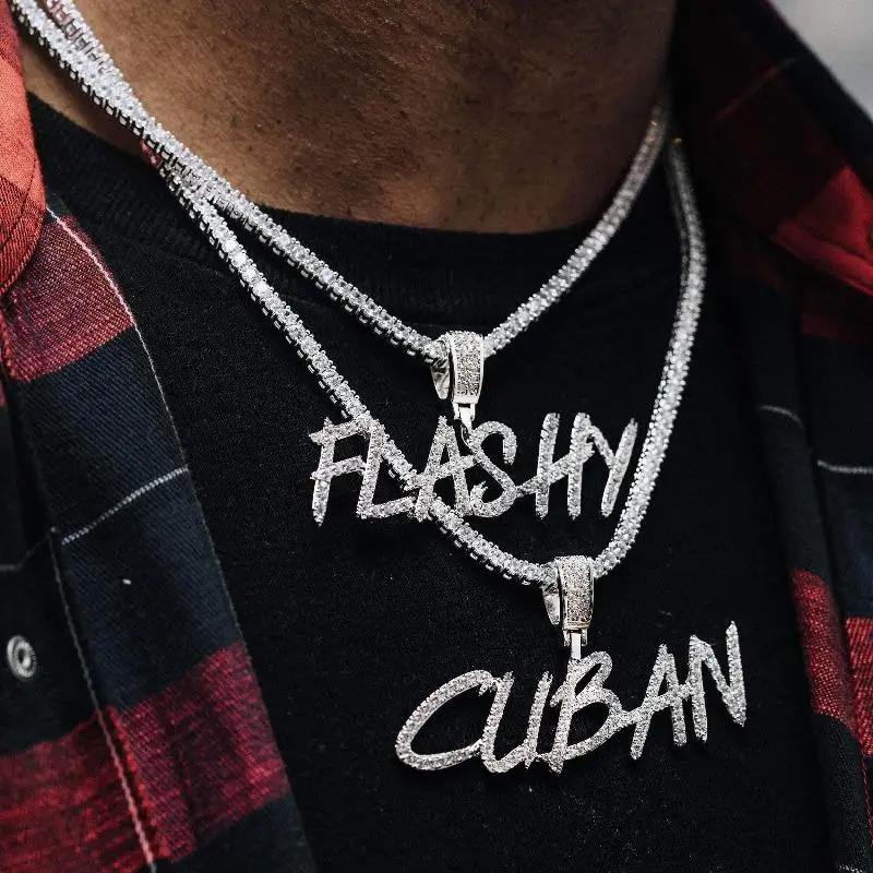 

Iced Out 18K Gold Custom Script Letters/Name Necklace Choker Bubble Letters Chain Pendants Necklaces, Gold, silver, rose gold