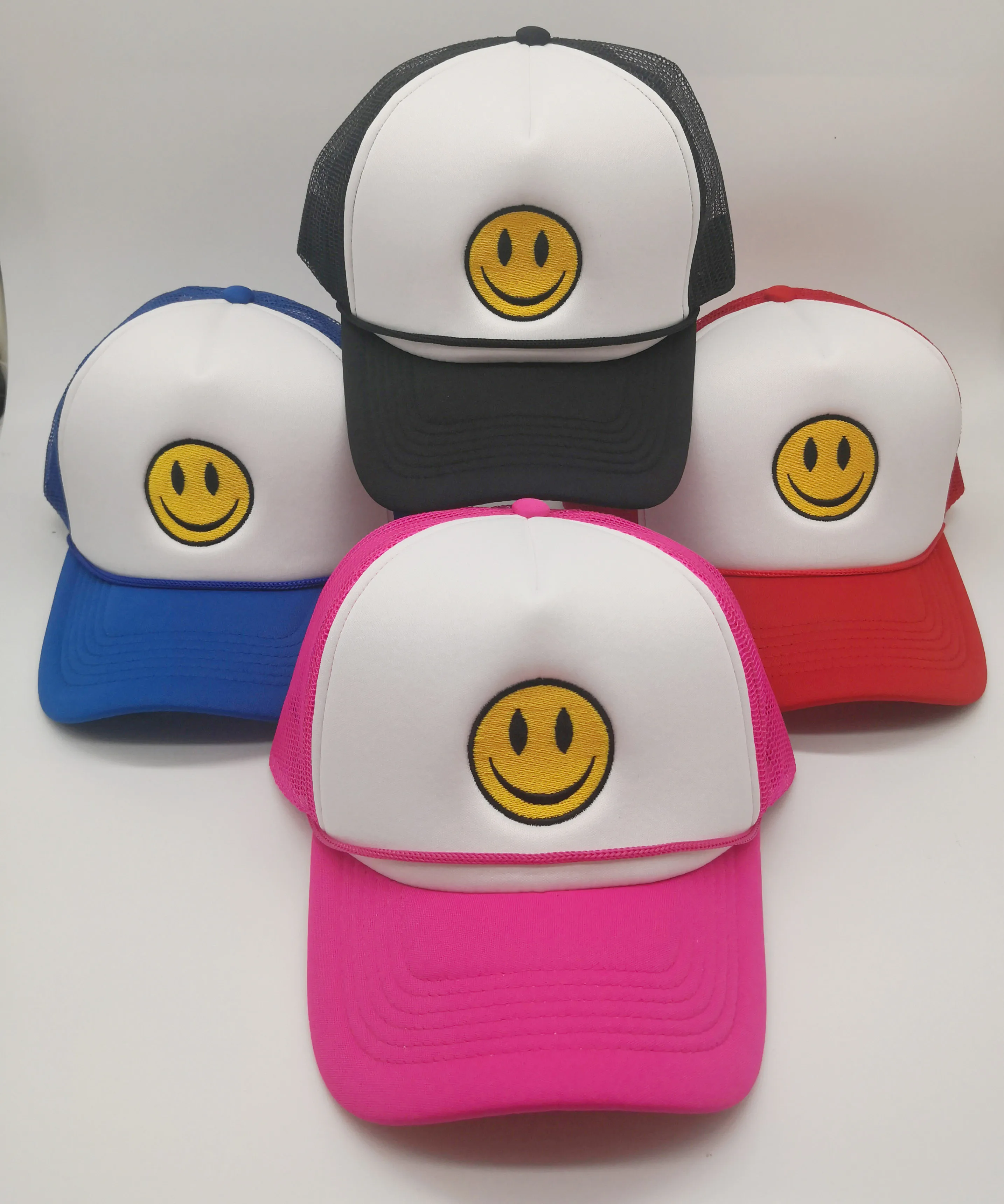 

Free shipping instock embroidery logo happy face baseball pink foam rope mesh truck cap smile face custom wholesale trucker hat