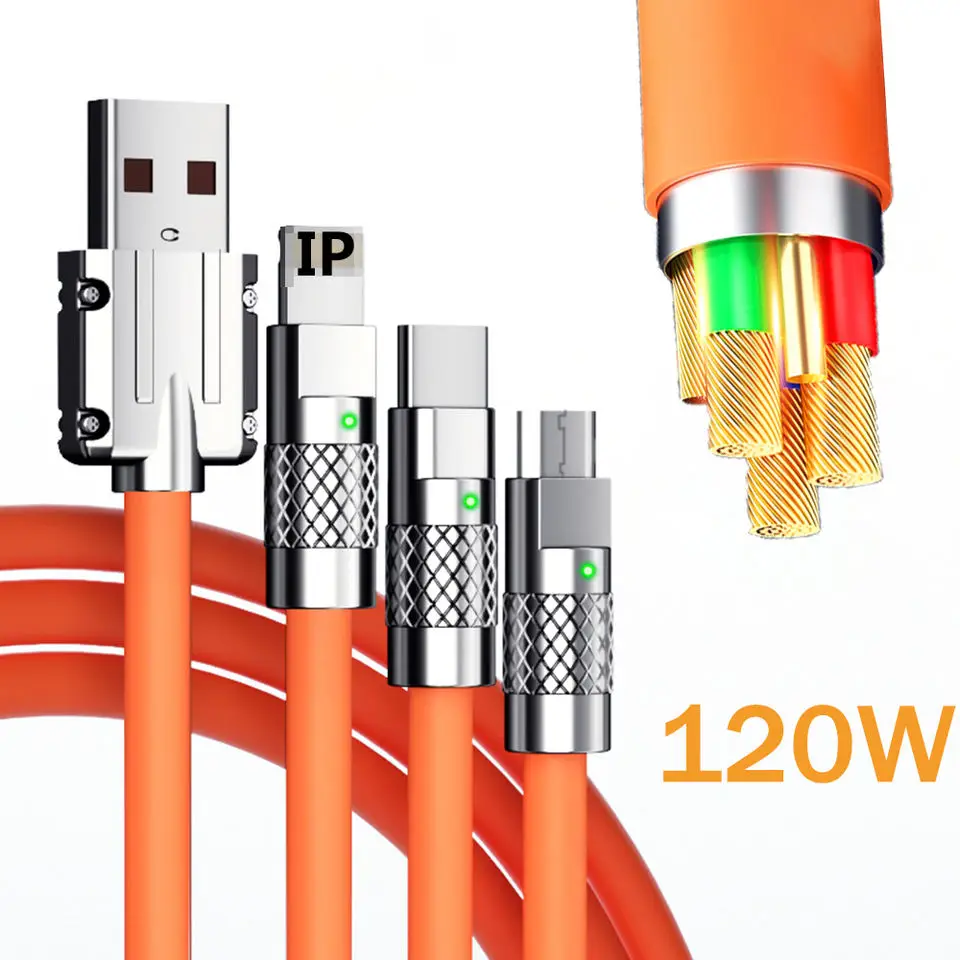 

120W 6A Super Fast 3 in 1 PD Type C Micro Fast Charging Cord Zinc Alloy Liquid Silicone Data Cable for iPhone Samsung Xiaomi