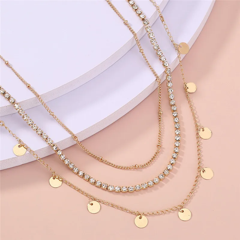 

NC-0492 fashion elegant jewelry chain diamond stainless steel crystal necklace pendant layered multilayer necklace