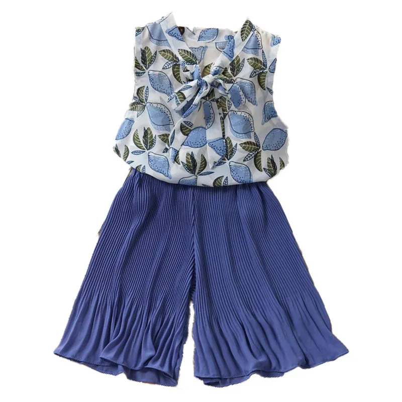 

Summer clothing set lemon print shirt pleated chiffon suit fashion ruffled suit