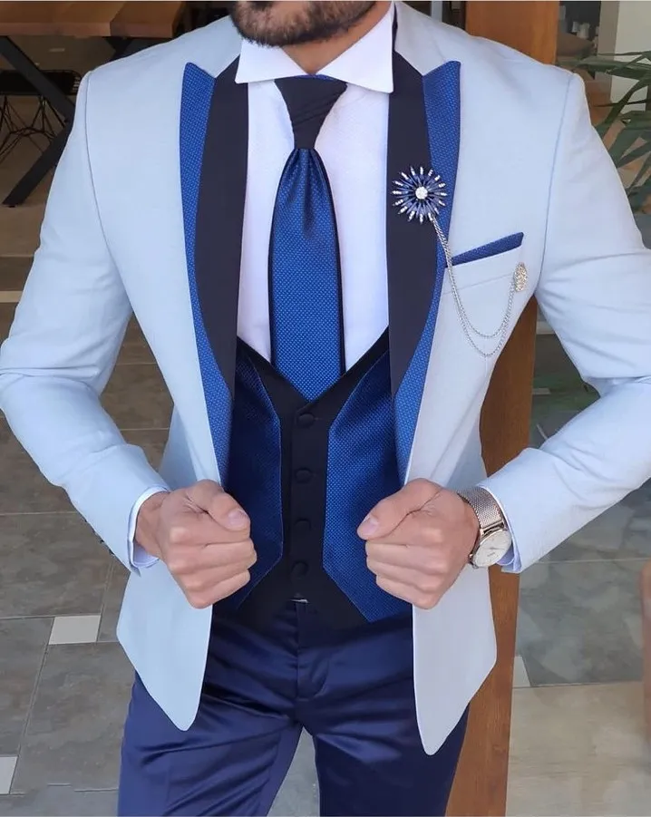 

White Blue Groom Tuxedo for Wedding Prom Men Suits 3 Piece Smoking Formal Slim Fit Ceremony Male Clothes Set Vest Jacket Pants, Custom made