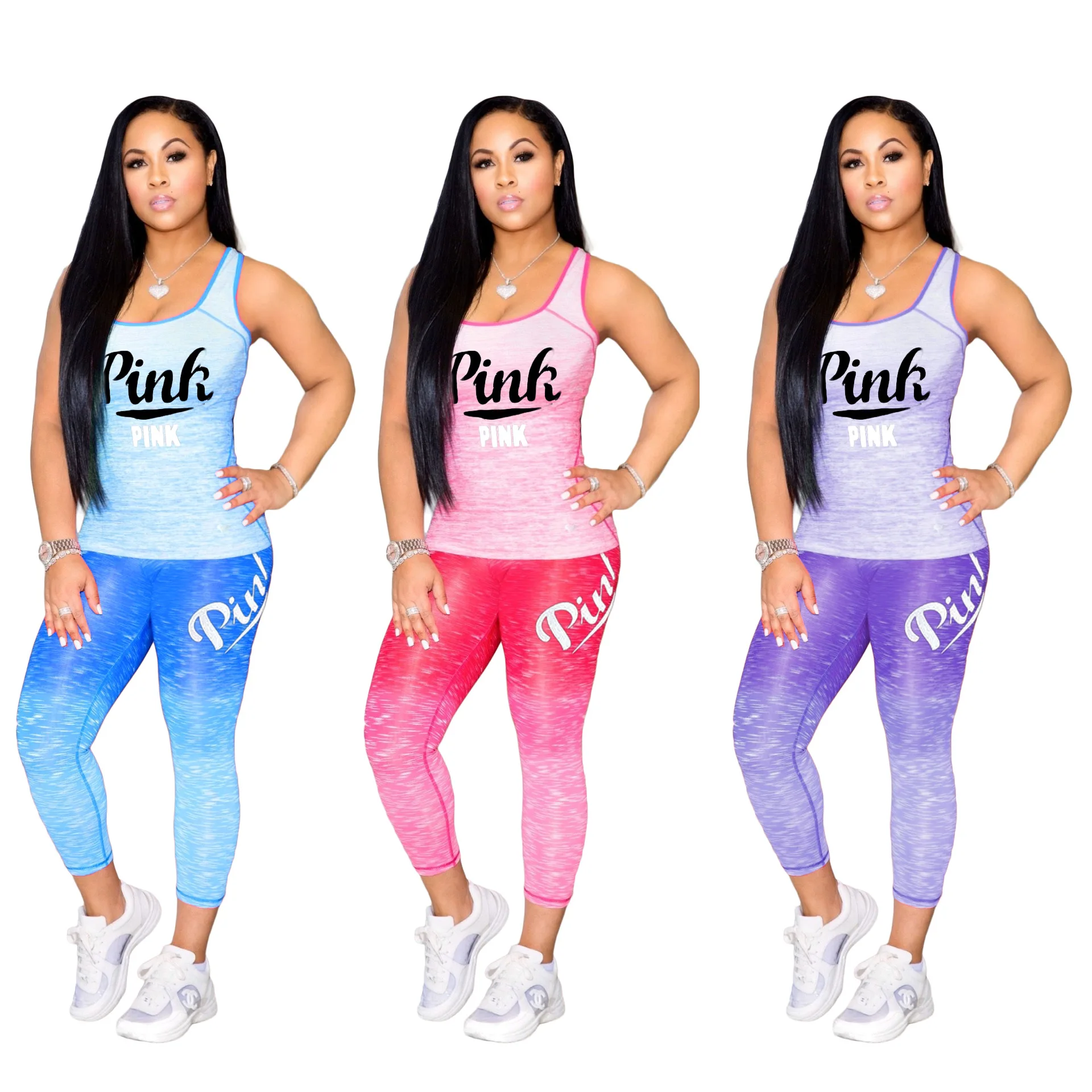 

2021 Women Summer Clothes Vest And Pant Suit Sportswear Ladies Vest Trousers Tie Dye Yoga Sportswear Suit