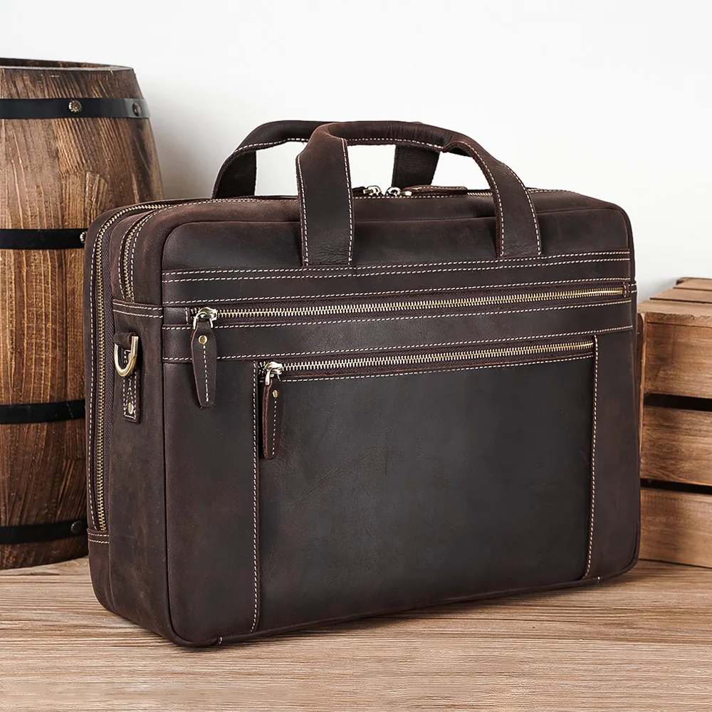 

Drop Shipping Bag For Man Vintage Brown Genuine Crazy Horse Leather Messenger Laptop Briefcase