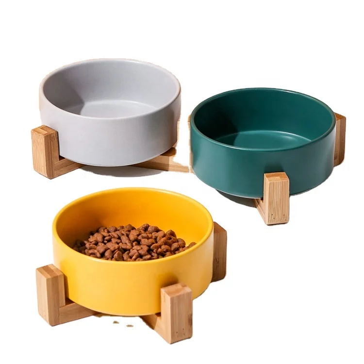 

Secure popular design round cute pet cat dog food bowl single/double water feeder ceramic cat bowl wooden base
