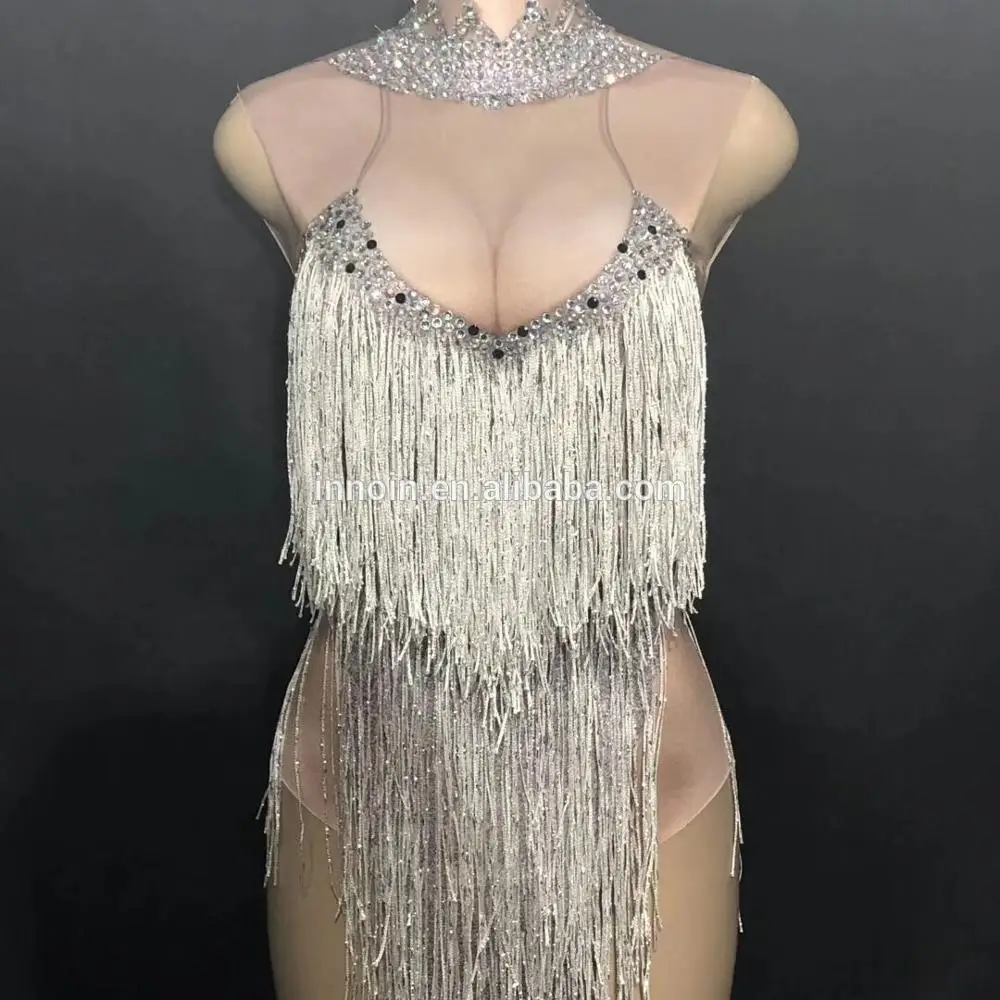 

Rhinestone Tassel White Dress Sexy Nightclub Long Sleeveless White One-piece Dancer Costume Bodysuit Women Stage Dress