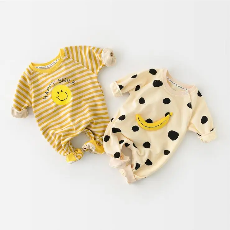 

Autumn Baby Long Sleeve Romper Boys Smiley Print Striped Jumpsuit Fashion Newborn Banana Cartoon Romper 0-24M Baby Clothes, Customized color
