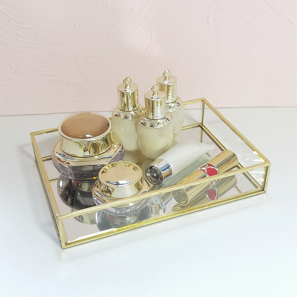 

Nordic Gold Glass Mirror Decorative Storage Tray for Makeup Dessert Plate Jewelry Necklace Bracelet Table Perfume wedding brides