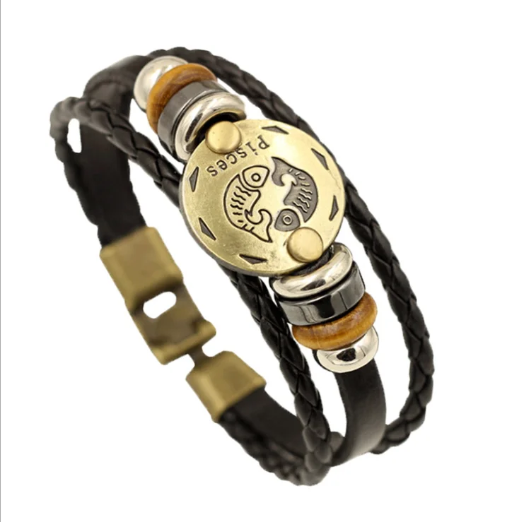

2021 woven pu leather vintage twelve constellations charm bracelets,wholesale 12 constellation bracelet, Red,blue, yellow and love zinc alloy bracelet